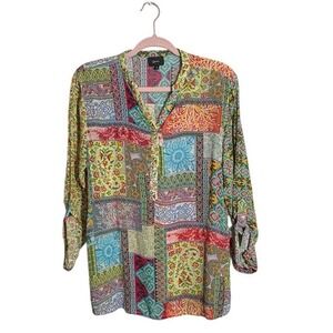 Shana 100% Silk Viscose Patchwork Vibrant blouse top sz‎ S